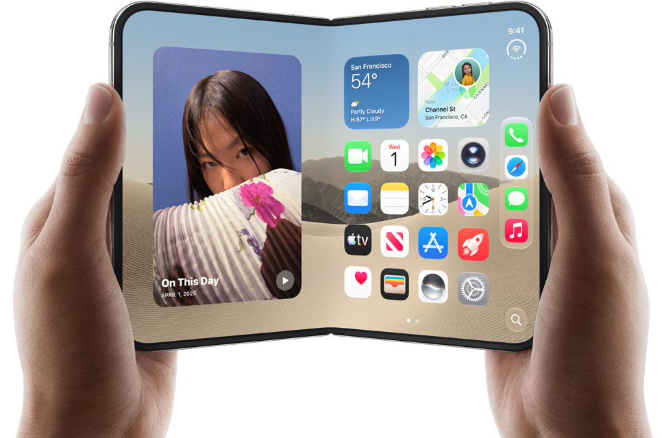 Hands holding unfolded iPhone Duo with large foldable display